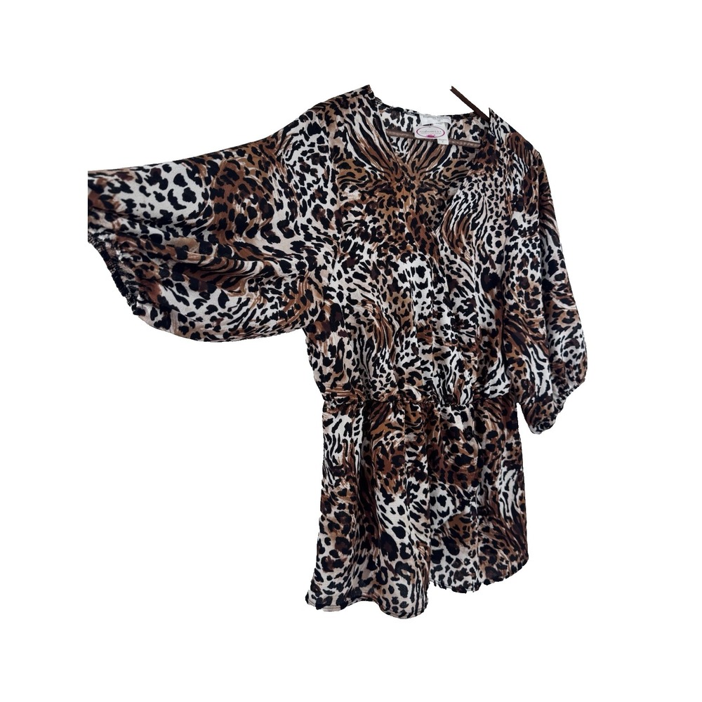 Promises Cheetah Short puff sleeve Blouse NWT 26ptp faux wrap animal print